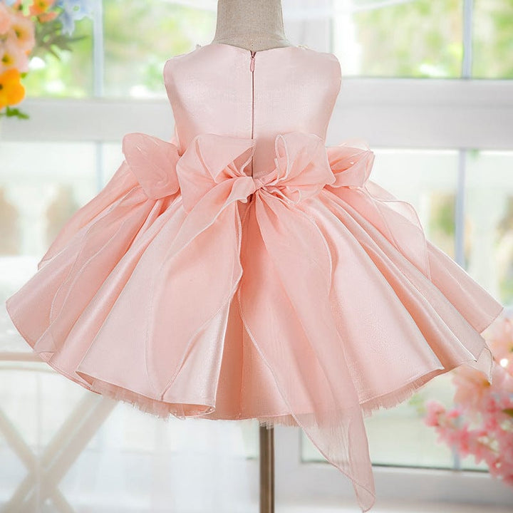 Sunnypetal Sweet Pink Satin Sleeveless Flower Girl Dresses with Tulle Bow