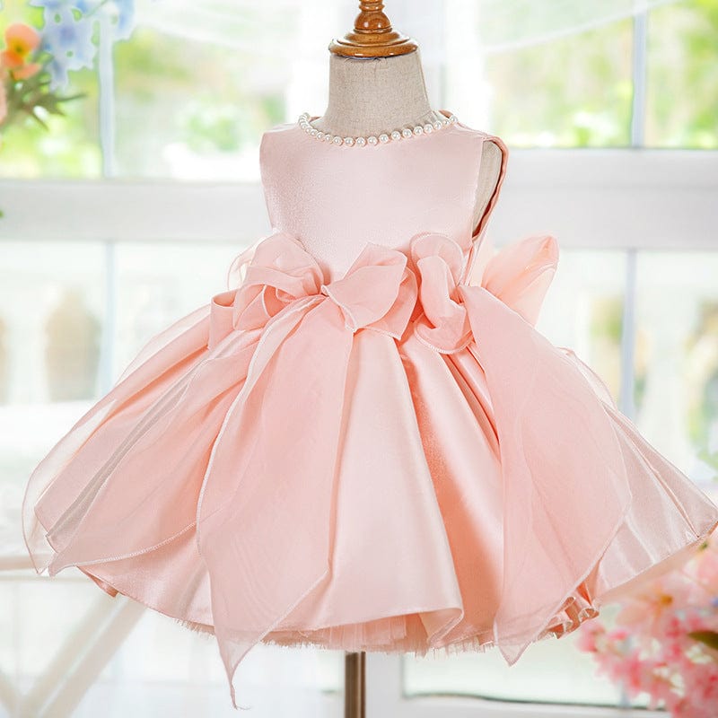 Sunnypetal Sweet Pink Satin Sleeveless Flower Girl Dresses with Tulle Bow