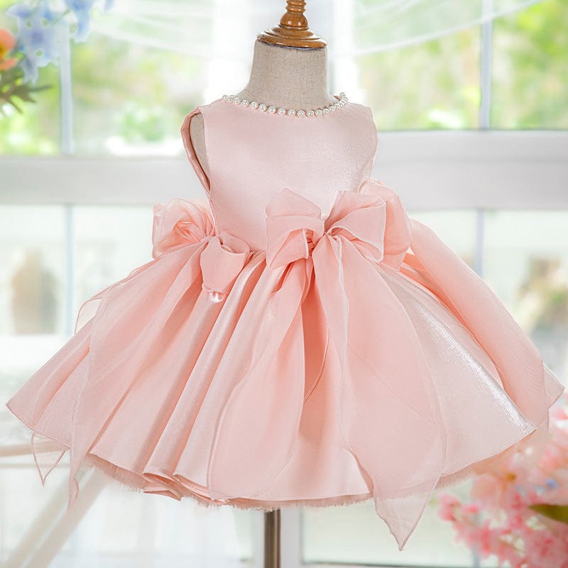 Sunnypetal Sweet Pink Satin Sleeveless Flower Girl Dresses with Tulle Bow