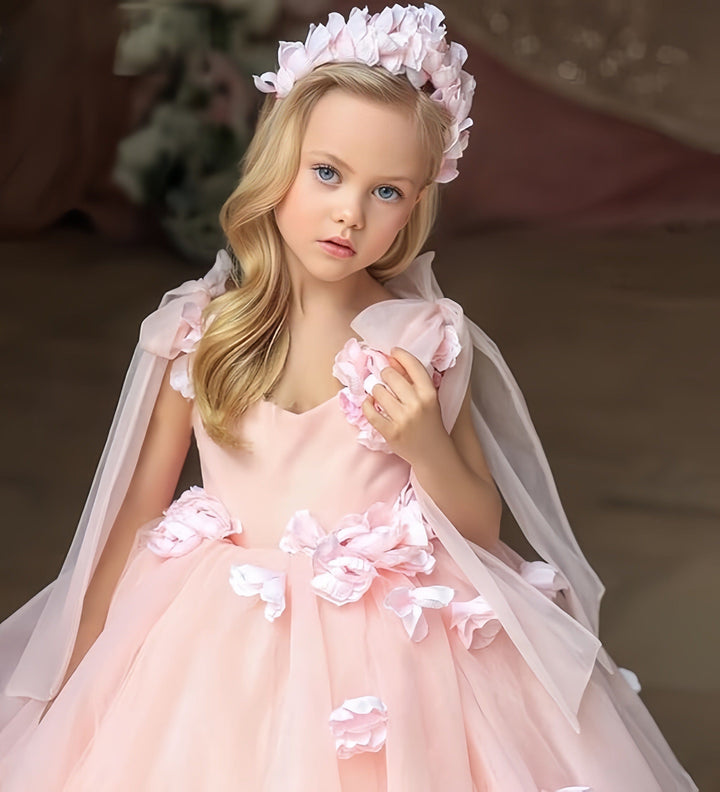 Sunnypetal Sweet Pink V-Neck Floral Tulle Flower Girl Dresses Wedding Communion Gown