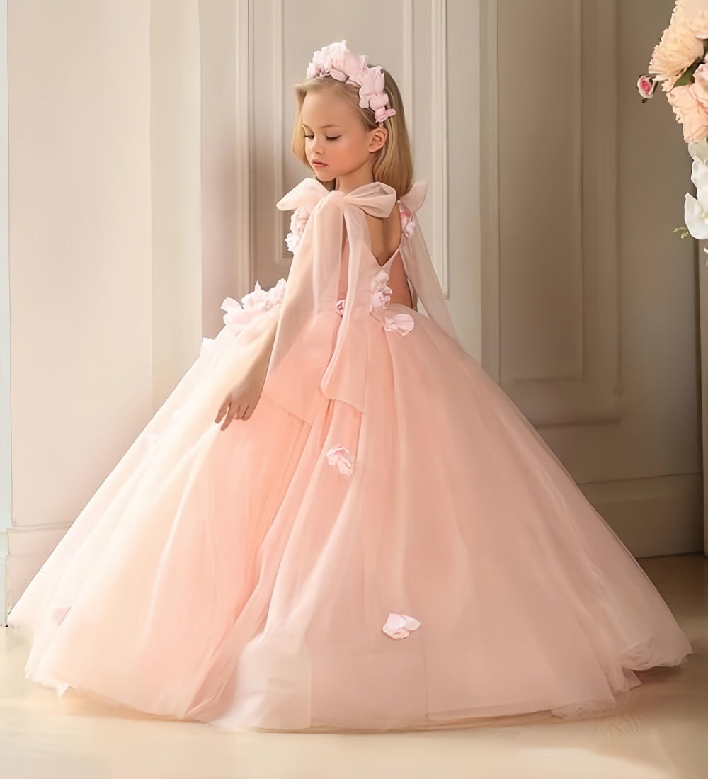 Sunnypetal Sweet Pink V-Neck Floral Tulle Flower Girl Dresses Wedding Communion Gown