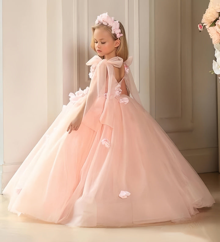 Sunnypetal Sweet Pink V-Neck Floral Tulle Flower Girl Dresses Wedding Communion Gown