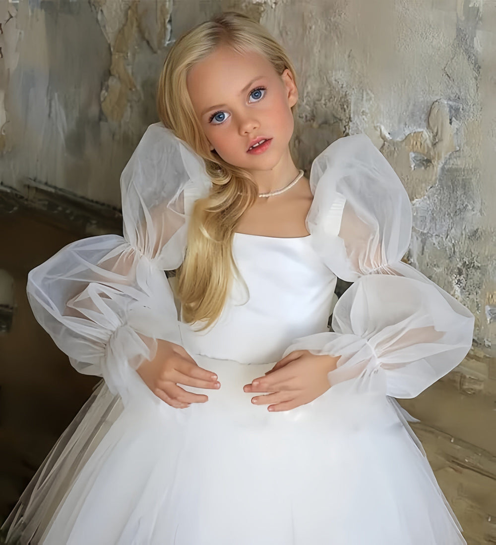 Sunnypetal Tulle Long Sleeve Flower Girl Dresses for Wedding Short Princess Pageant Dress