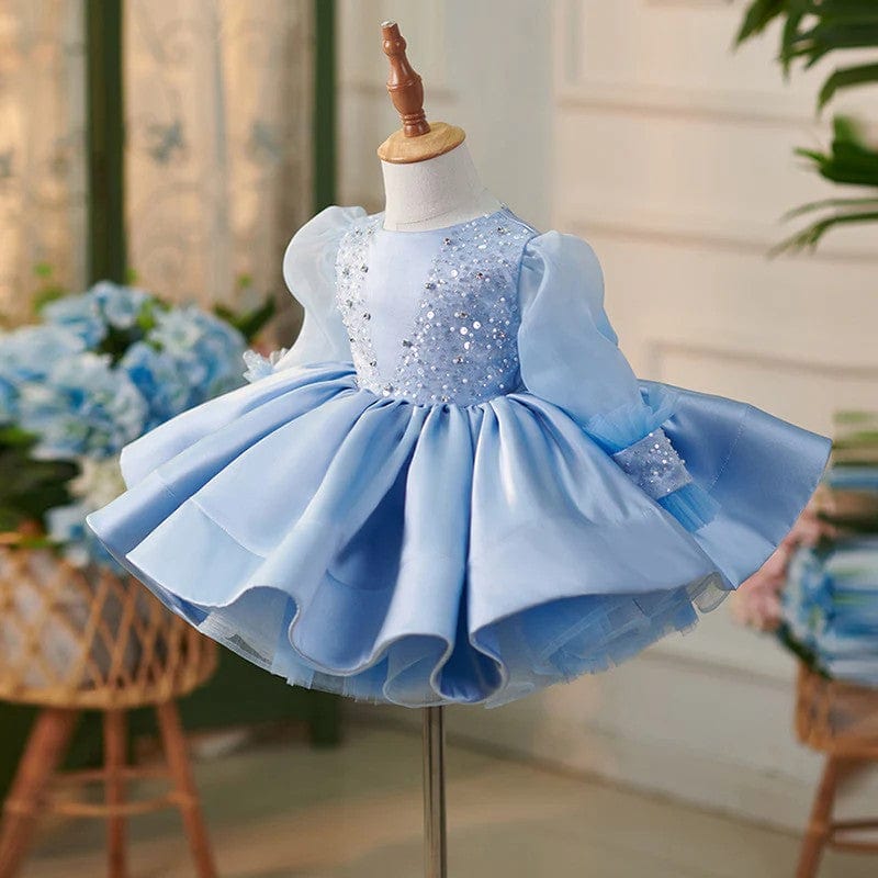 Sunnypetal Tulle Long Sleeves Sequins Knee-Length Satin Baby Toddler Girl Dresses with Bow