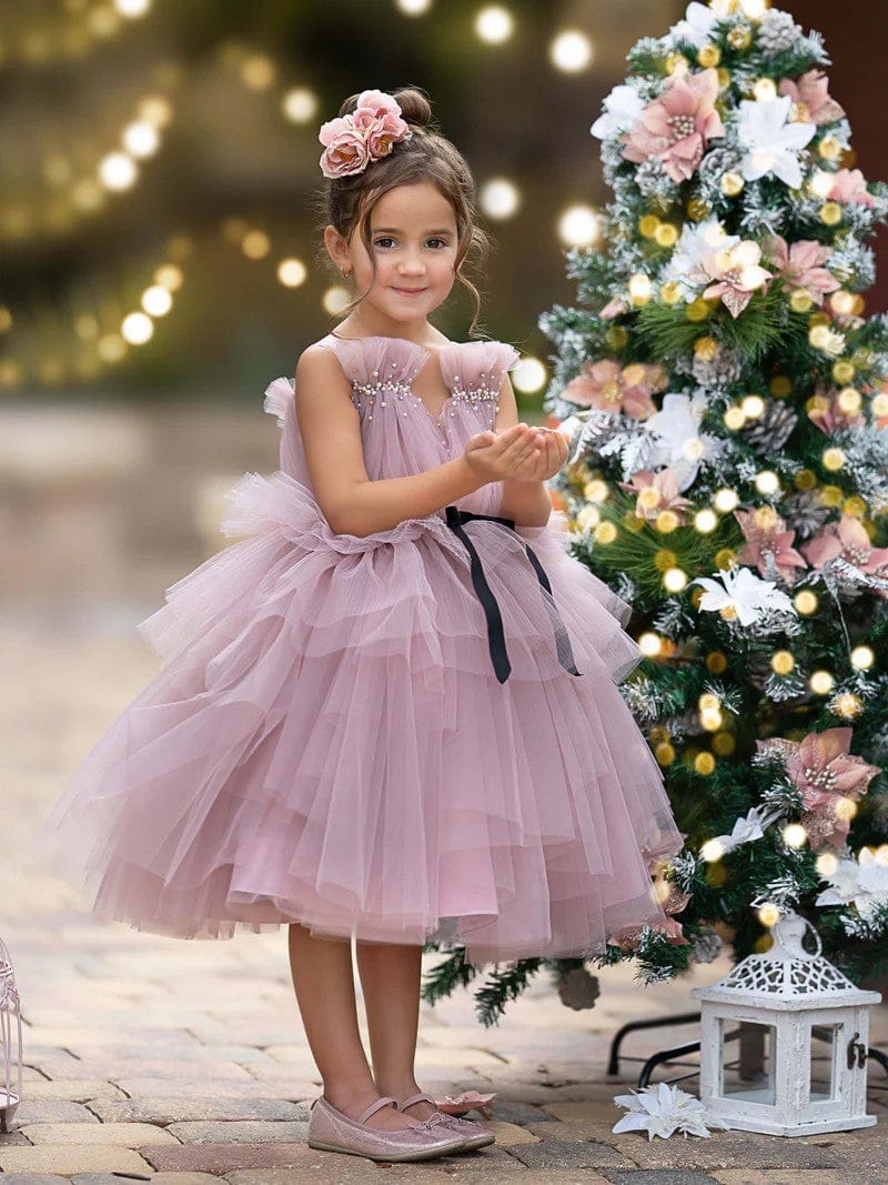 Sunnypetal Tulle Sleeveless V-Neck Knee-Length Toddler Girl Dress Birthday Party Princess Dress