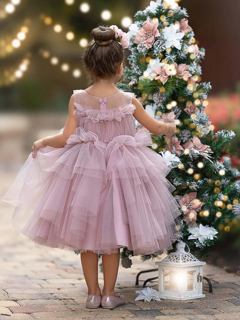 Sunnypetal Tulle Sleeveless V-Neck Knee-Length Toddler Girl Dress Birthday Party Princess Dress