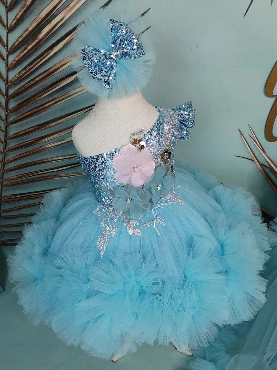 Sunnypetal Turquoise One-Shoulder Knee-Length Baby Toddler Birthday Prom Dress