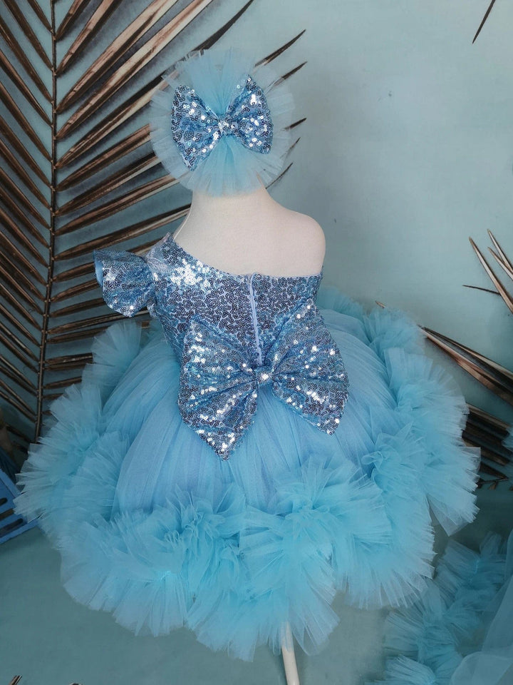 Sunnypetal Turquoise One-Shoulder Knee-Length Baby Toddler Birthday Prom Dress