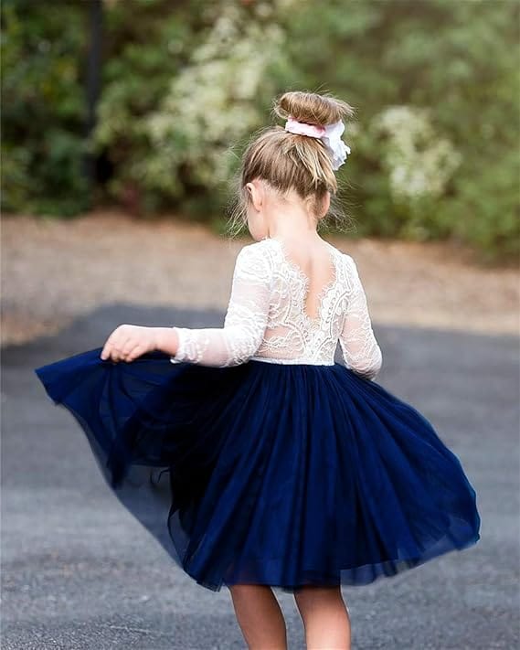 Sunnypetal Vintage Lace Long Sleeve Knee-Length Flower Girl Tulle Dresses for Kids
