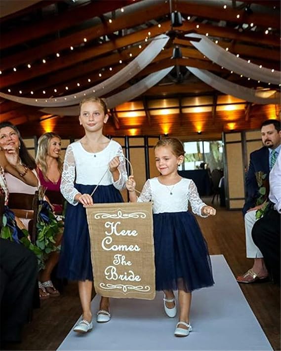 Sunnypetal Vintage Lace Long Sleeve Knee-Length Flower Girl Tulle Dresses for Kids