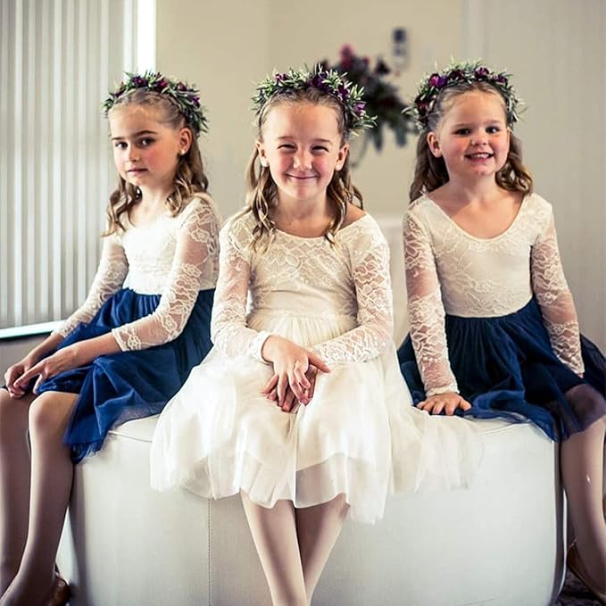 Sunnypetal Vintage Lace Long Sleeve Knee-Length Flower Girl Tulle Dresses for Kids