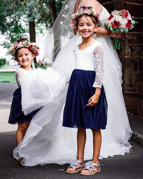 Sunnypetal Vintage Lace Long Sleeve Knee-Length Flower Girl Tulle Dresses for Kids
