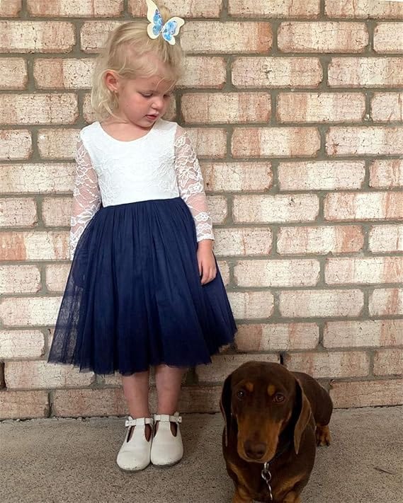 Sunnypetal Vintage Lace Long Sleeve Knee-Length Flower Girl Tulle Dresses for Kids