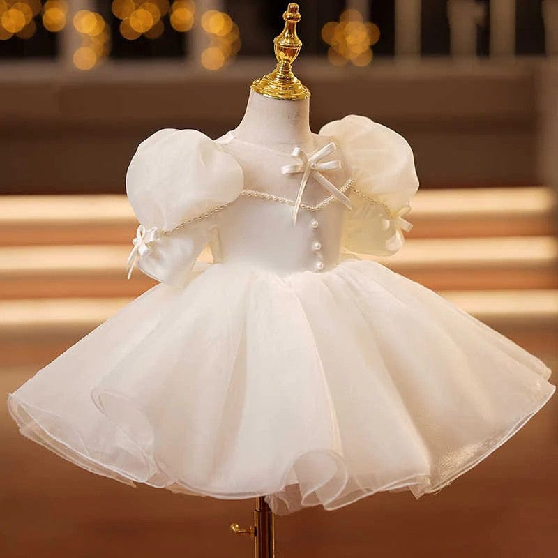 Sunnypetal Vintage Puff Sleeves Bows Pearls Knee-Length Flower Girl Dresses