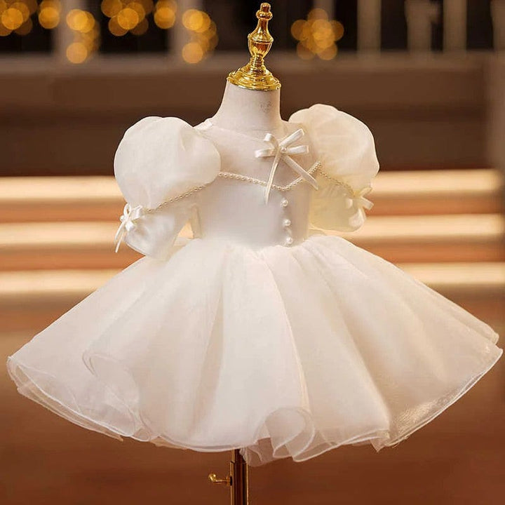 Sunnypetal Vintage Puff Sleeves Bows Pearls Knee-Length Flower Girl Dresses