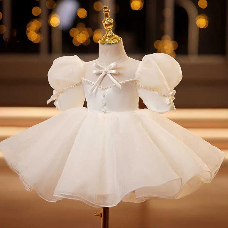 Sunnypetal Vintage Puff Sleeves Bows Pearls Knee-Length Flower Girl Dresses