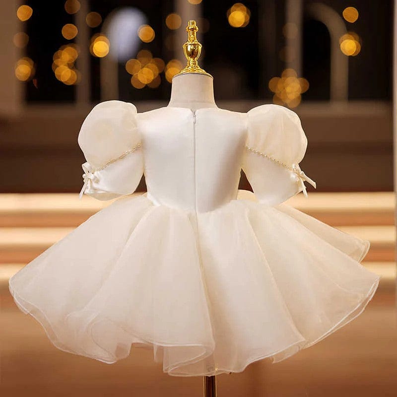 Sunnypetal Vintage Puff Sleeves Bows Pearls Knee-Length Flower Girl Dresses