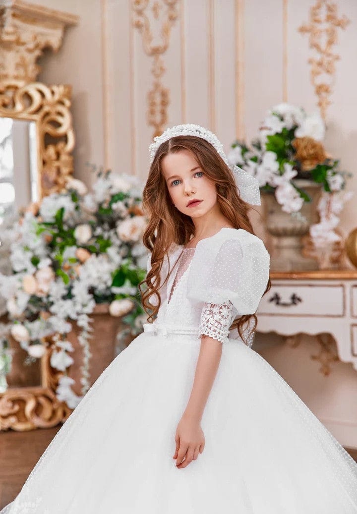 Sunnypetal Vintage Puff Sleeves Lace Tulle Flower Girl Dresses First Holy Communion Dress