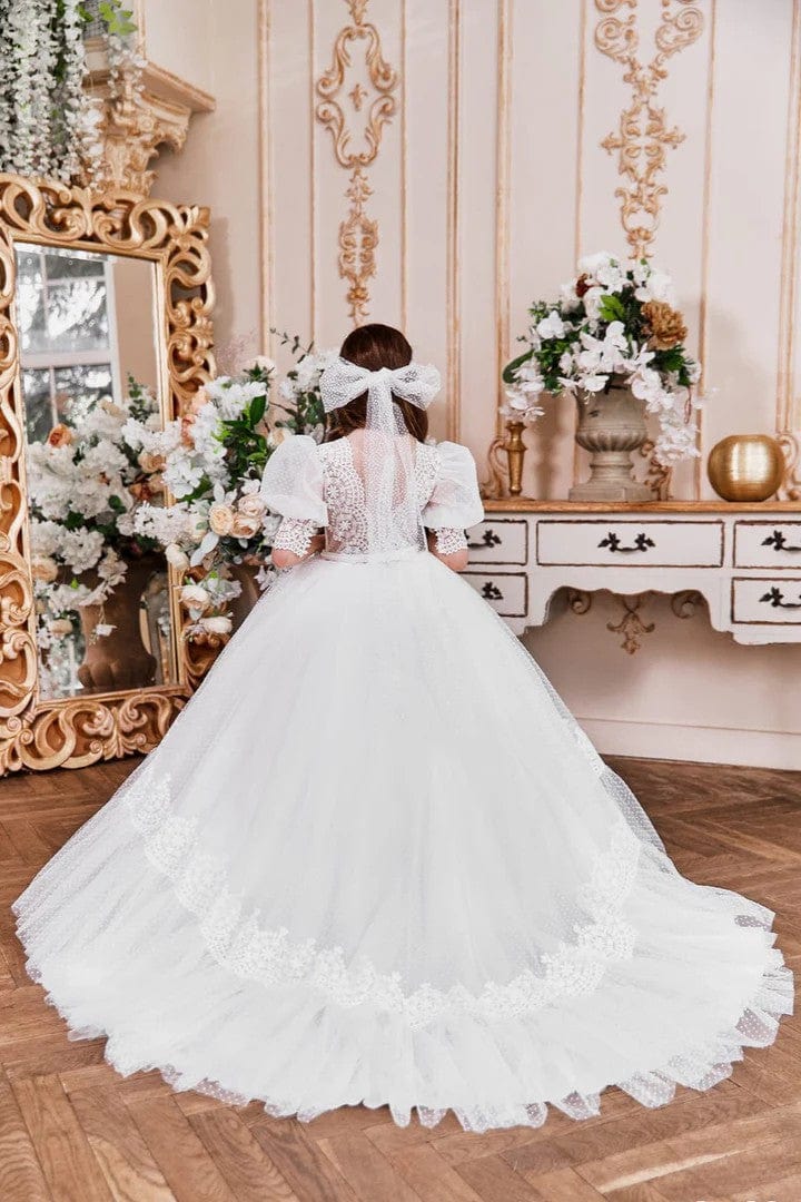 Sunnypetal Vintage Puff Sleeves Lace Tulle Flower Girl Dresses First Holy Communion Dress