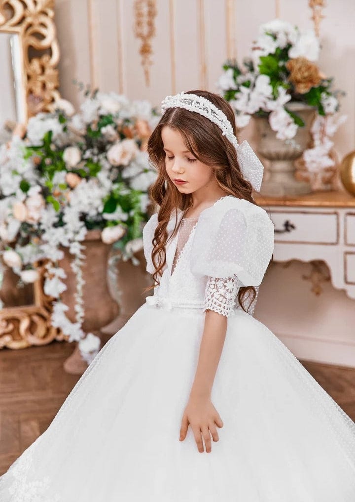 Sunnypetal Vintage Puff Sleeves Lace Tulle Flower Girl Dresses First Holy Communion Dress
