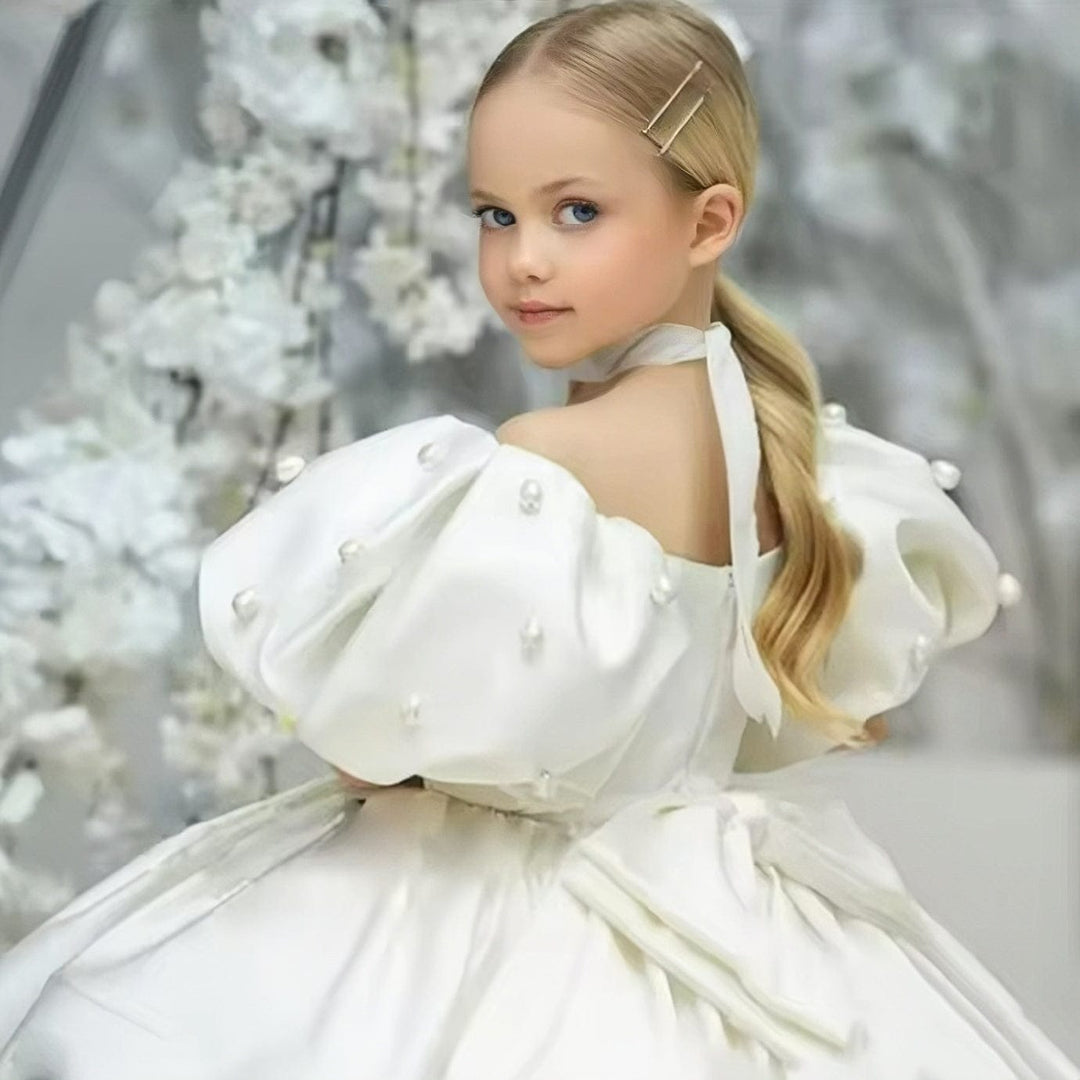 Sunnypetal Vintage Puffy Sleeves Knee-Length Satin Flower Girl Dresses with Pearls / Bow