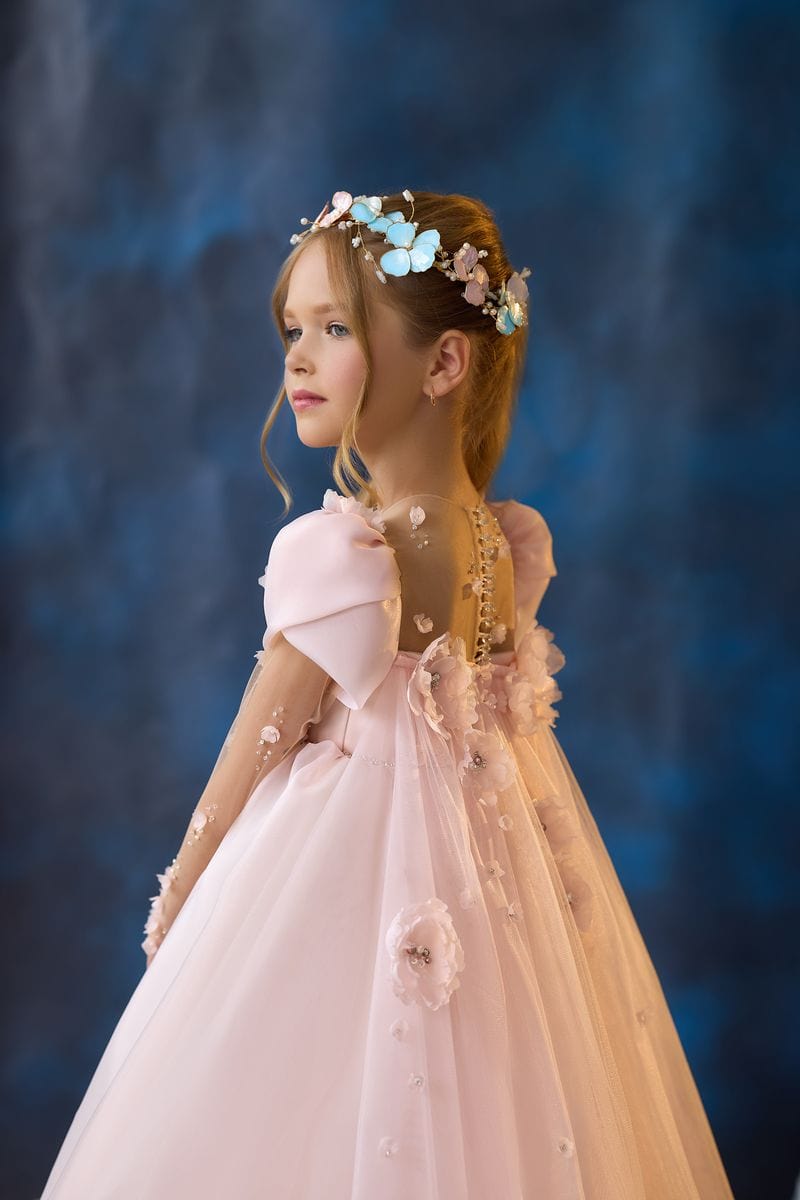 Sunnypetal Whimsical Blossom Long Princess Tulle Gown with Illusion Sleeves