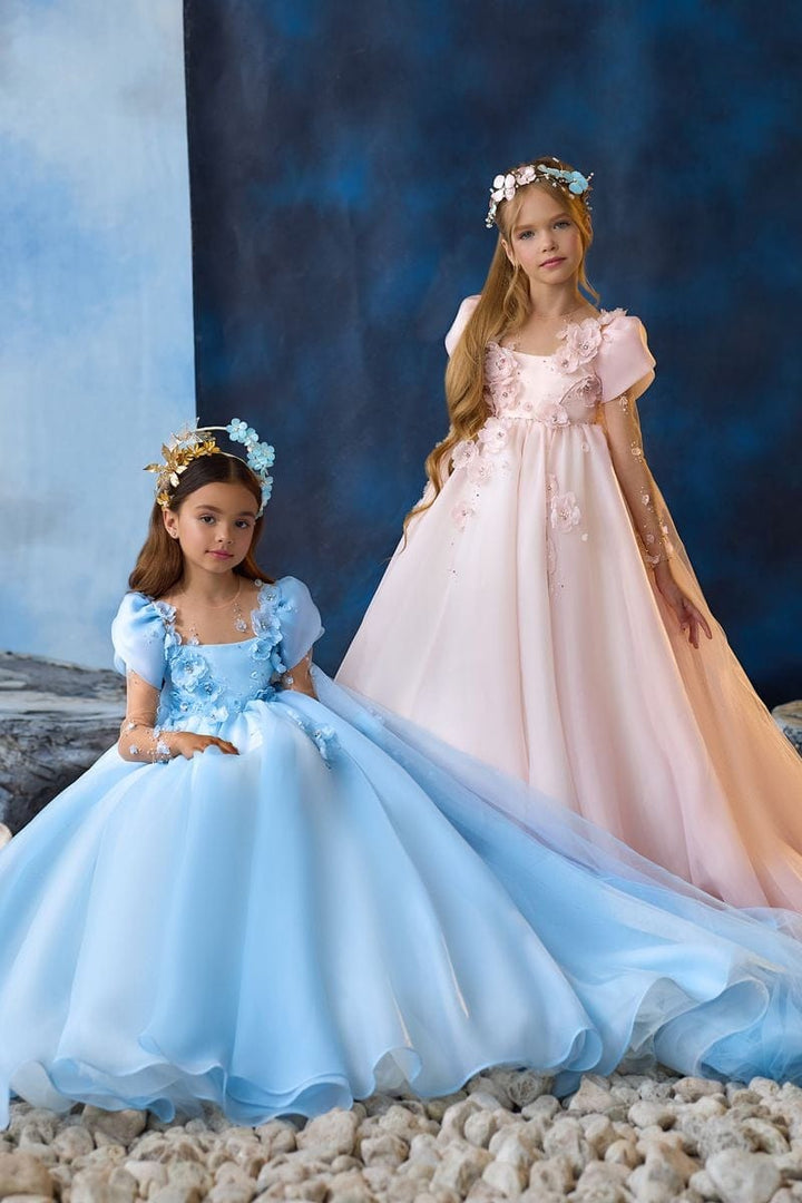 Sunnypetal Whimsical Blossom Long Princess Tulle Gown with Illusion Sleeves