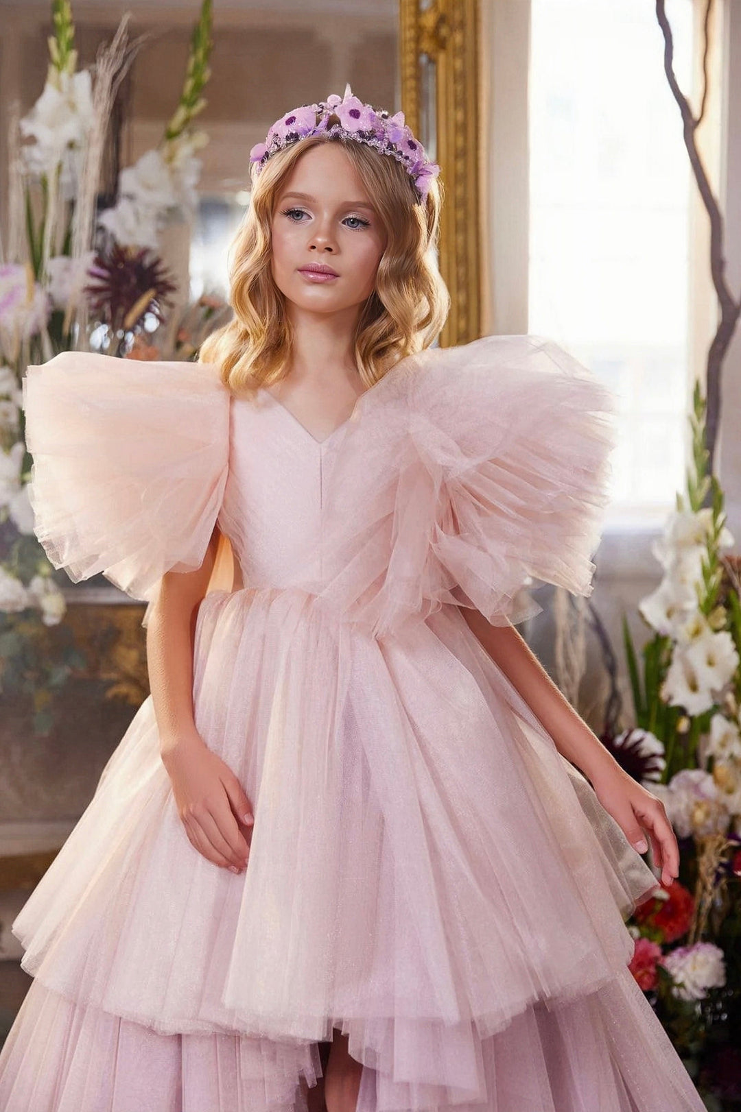 Sunnypetal Whimsical Blush Pink Puff Sleeves High-Low Tulle Ball Gown Flower Girl Dresses