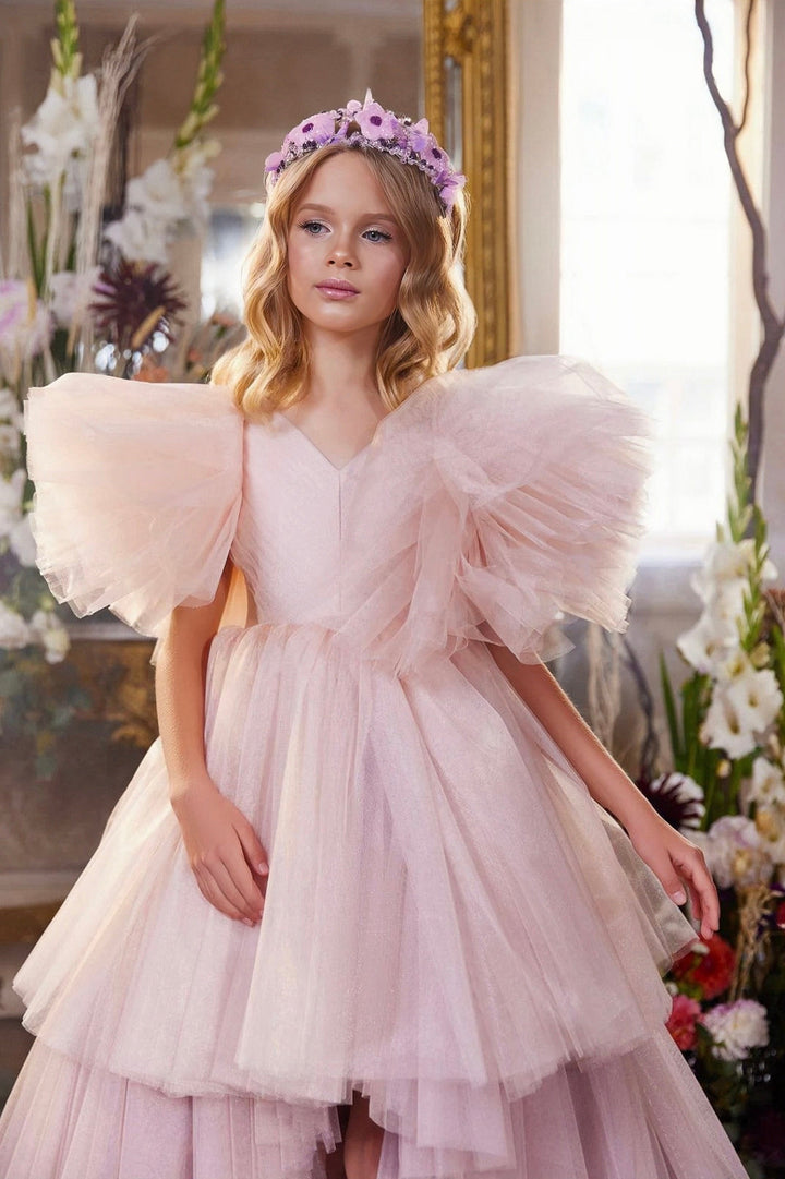 Sunnypetal Whimsical Blush Pink Puff Sleeves High-Low Tulle Ball Gown Flower Girl Dresses