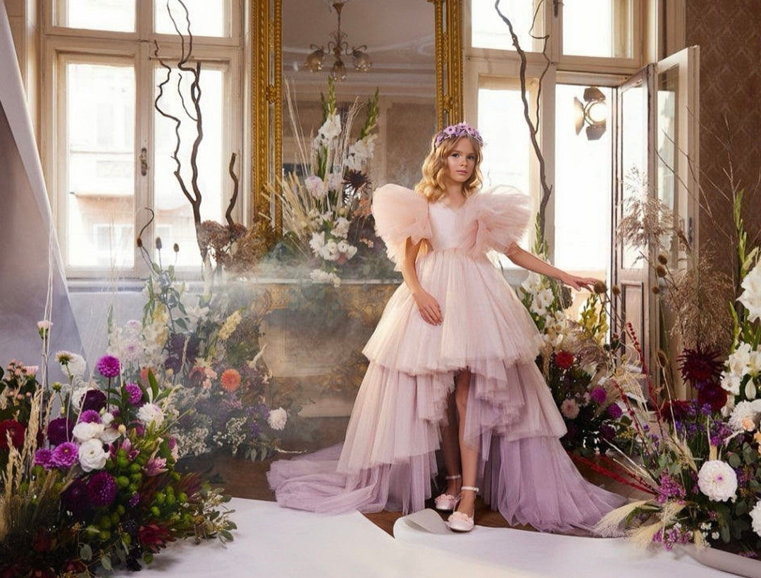 Sunnypetal Whimsical Blush Pink Puff Sleeves High-Low Tulle Ball Gown Flower Girl Dresses