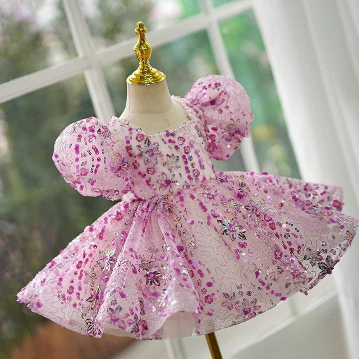 Sunnypetal Whimsical Pink Floral Sequin Puff Sleeve Knee-Length Princess Tutu Dress