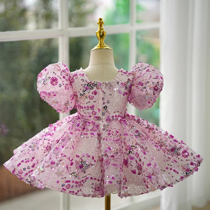 Sunnypetal Whimsical Pink Floral Sequin Puff Sleeve Knee-Length Princess Tutu Dress