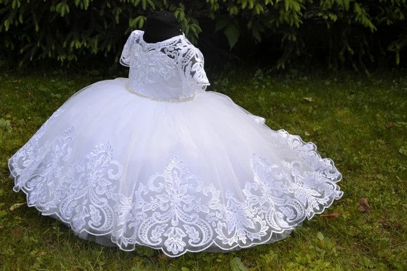 Sunnypetal White Baby Girl Baptism Dress Lace Christening Dress