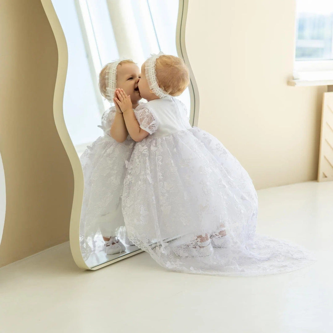 Sunnypetal White Baby Lace Blessing Dress Baptism Gown with Train