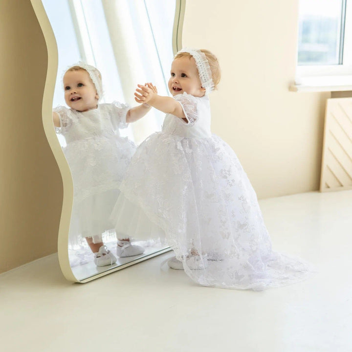 Sunnypetal White Baby Lace Blessing Dress Baptism Gown with Train
