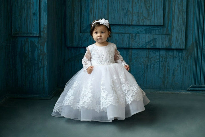 Sunnypetal White Baby Toddler Baptism Dress Long Sleeves Floral Lace Christening Dress