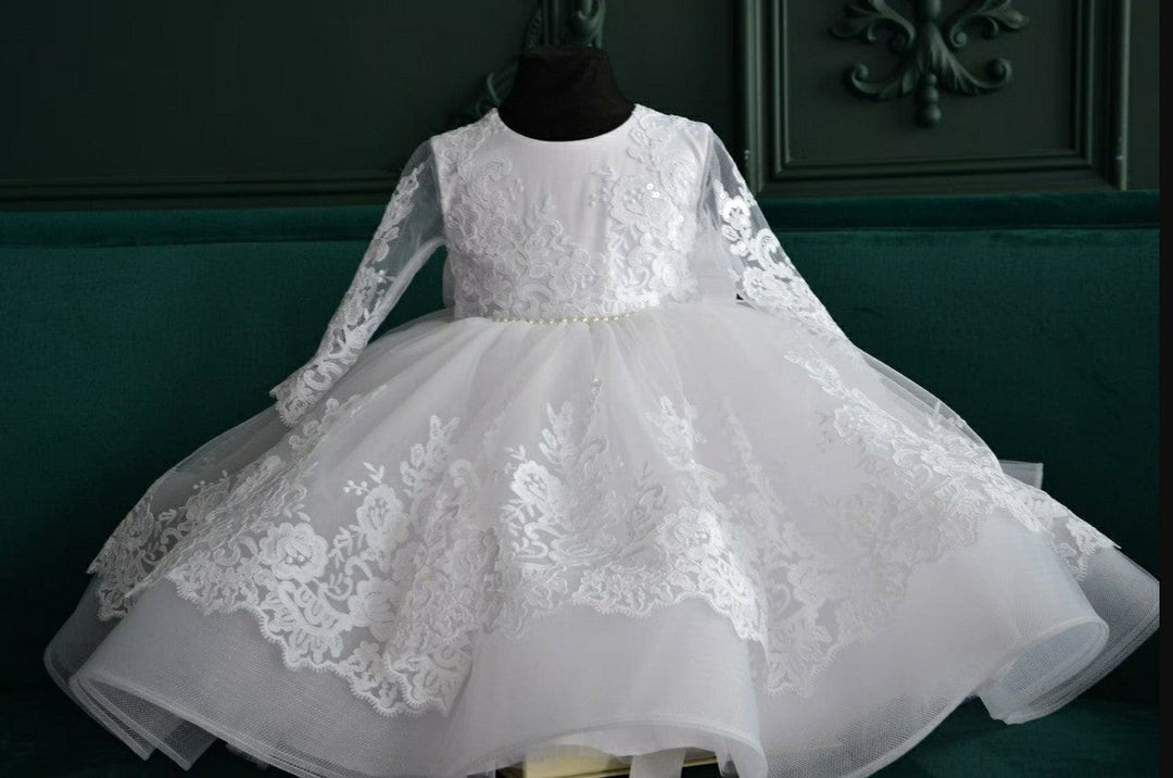 Sunnypetal White Baby Toddler Baptism Dress Long Sleeves Floral Lace Christening Dress