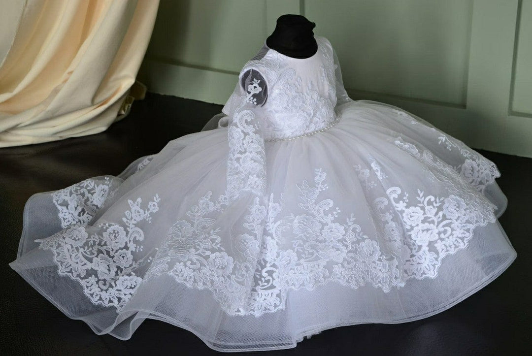 Sunnypetal White Baby Toddler Baptism Dress Long Sleeves Floral Lace Christening Dress
