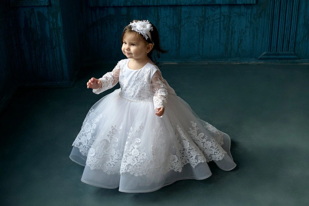 Sunnypetal White Baby Toddler Baptism Dress Long Sleeves Floral Lace Christening Dress
