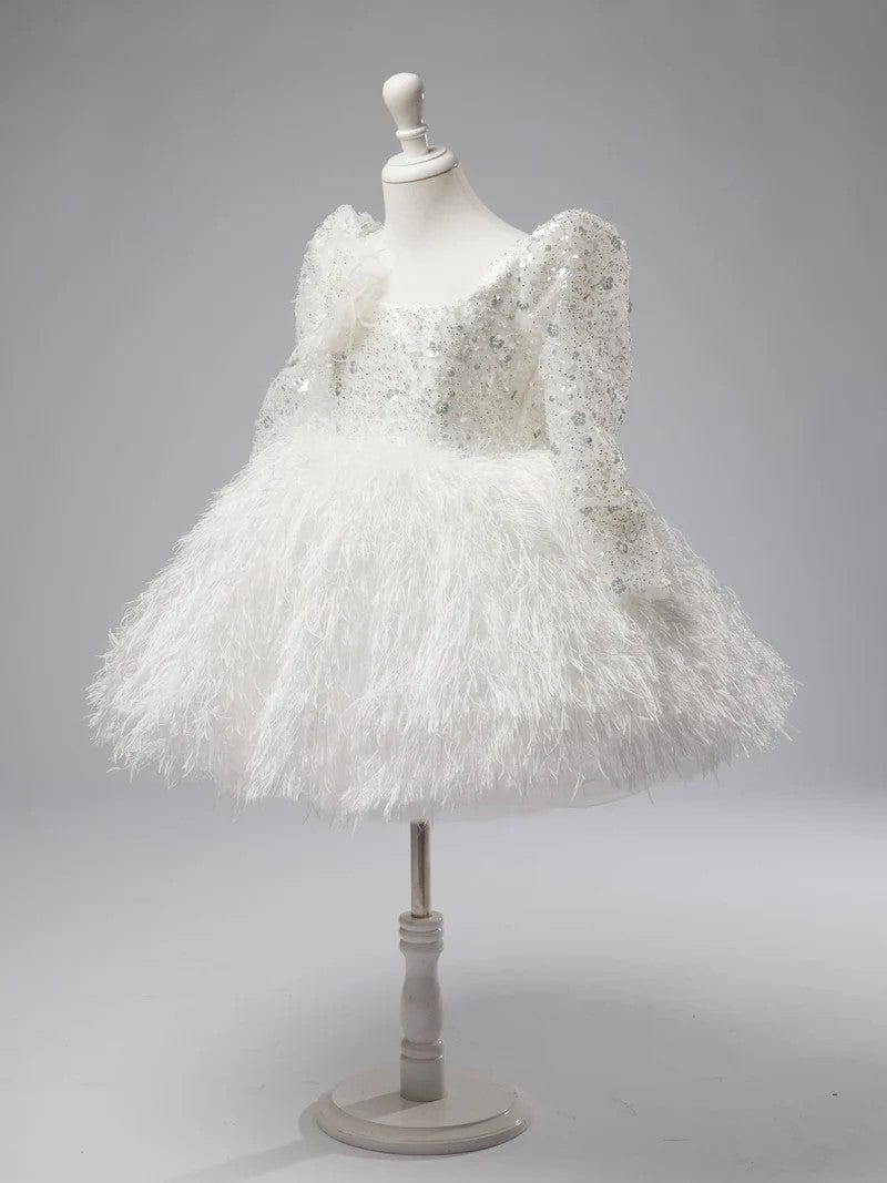 Sunnypetal White Ball-Gown Long Sleeves Sequin Feather Tulle Flower Girl Dresses