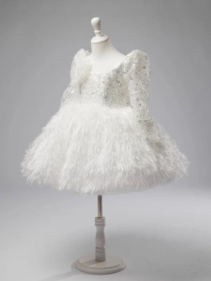 Sunnypetal White Ball-Gown Long Sleeves Sequin Feather Tulle Flower Girl Dresses
