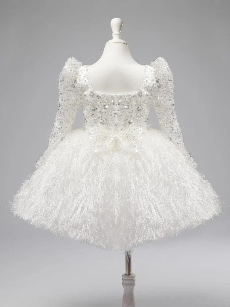 Sunnypetal White Ball-Gown Long Sleeves Sequin Feather Tulle Flower Girl Dresses