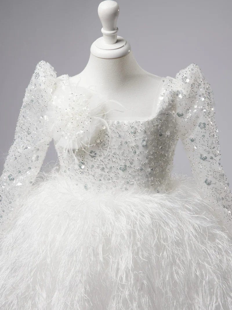 Sunnypetal White Ball-Gown Long Sleeves Sequin Feather Tulle Flower Girl Dresses