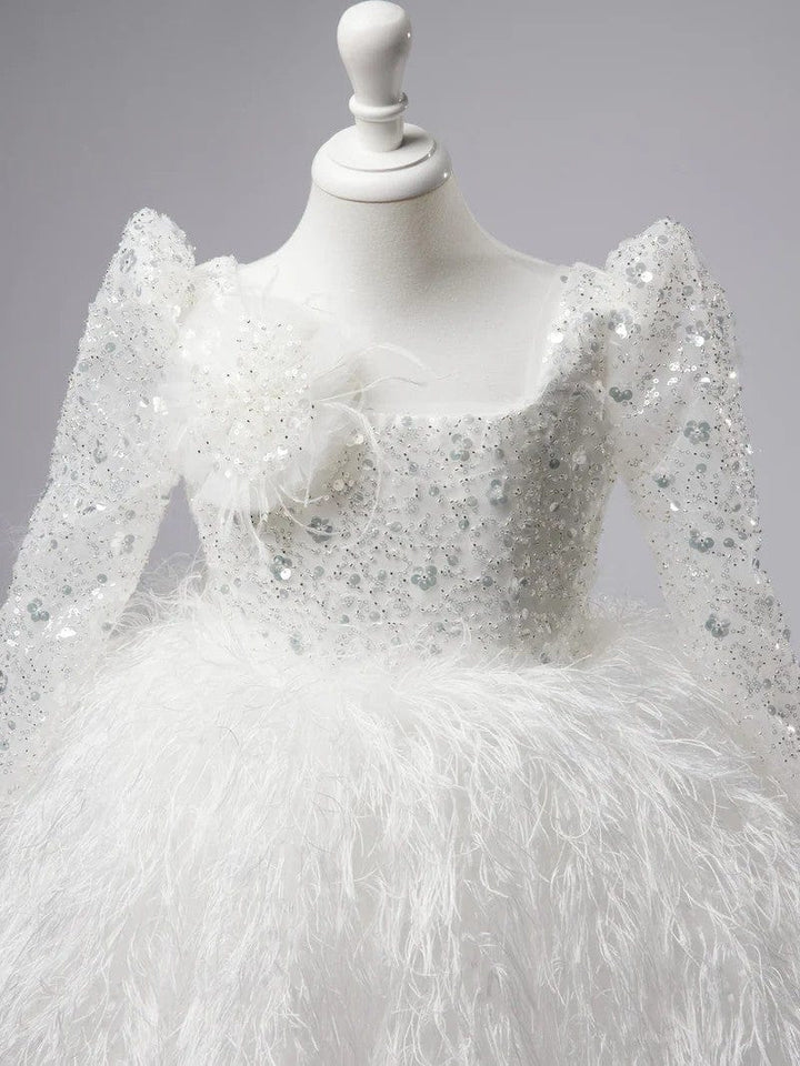 Sunnypetal White Ball-Gown Long Sleeves Sequin Feather Tulle Flower Girl Dresses