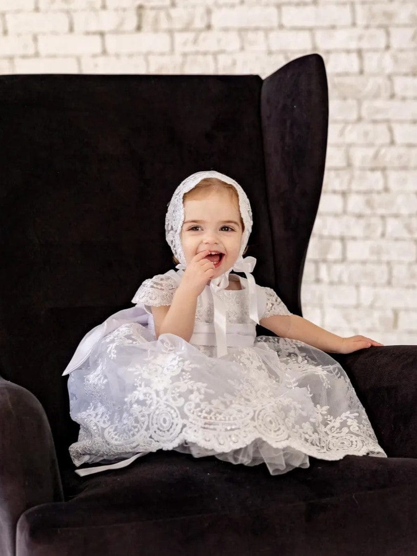 Sunnypetal White Baptism Dress Christening Gown for Baby Girls with Bow Belt