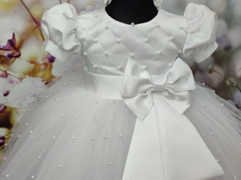 Sunnypetal White Baptism Dress for Toddler Girl with Pearls&Bow