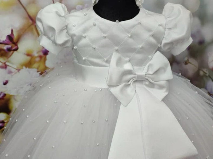 Sunnypetal White Baptism Dress for Toddler Girl with Pearls&Bow