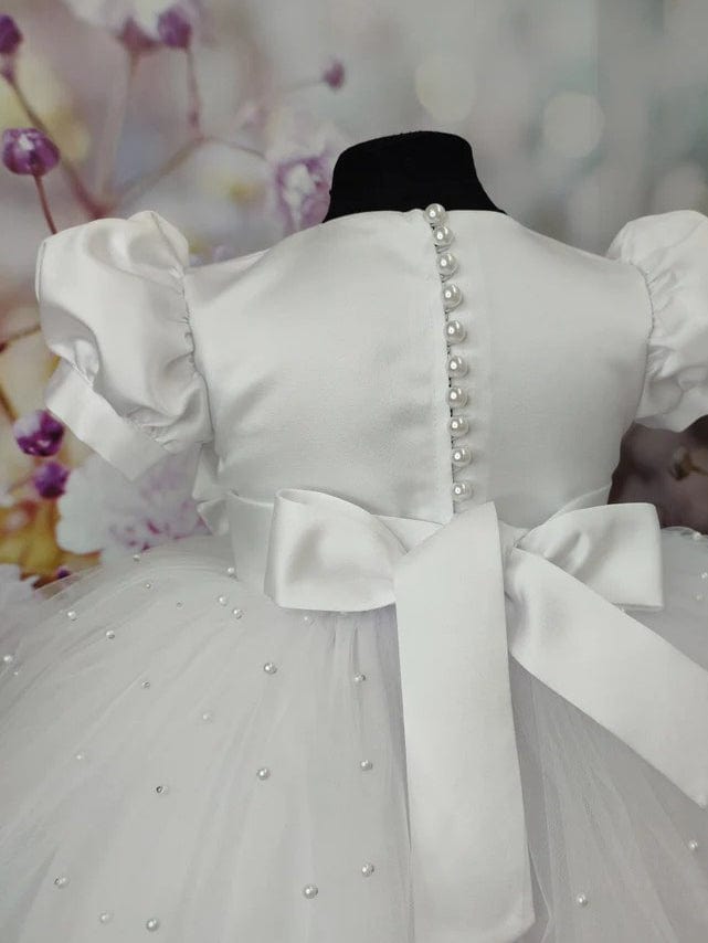 Sunnypetal White Baptism Dress for Toddler Girl with Pearls&Bow
