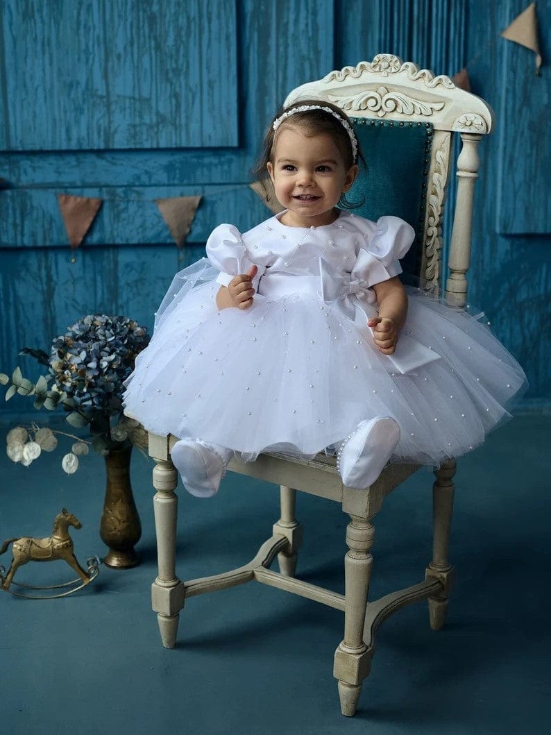 Sunnypetal White Baptism Dress for Toddler Girl with Pearls&Bow