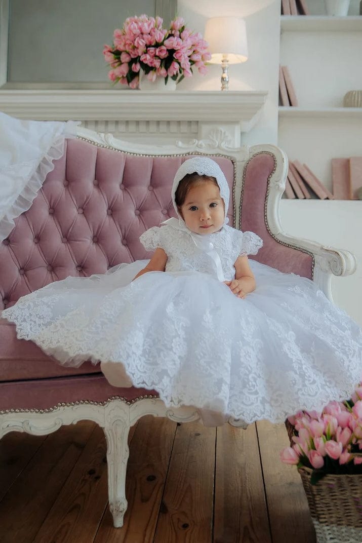 Sunnypetal White Cap Sleeves Floral Lace Baby Girl Baptism Dress